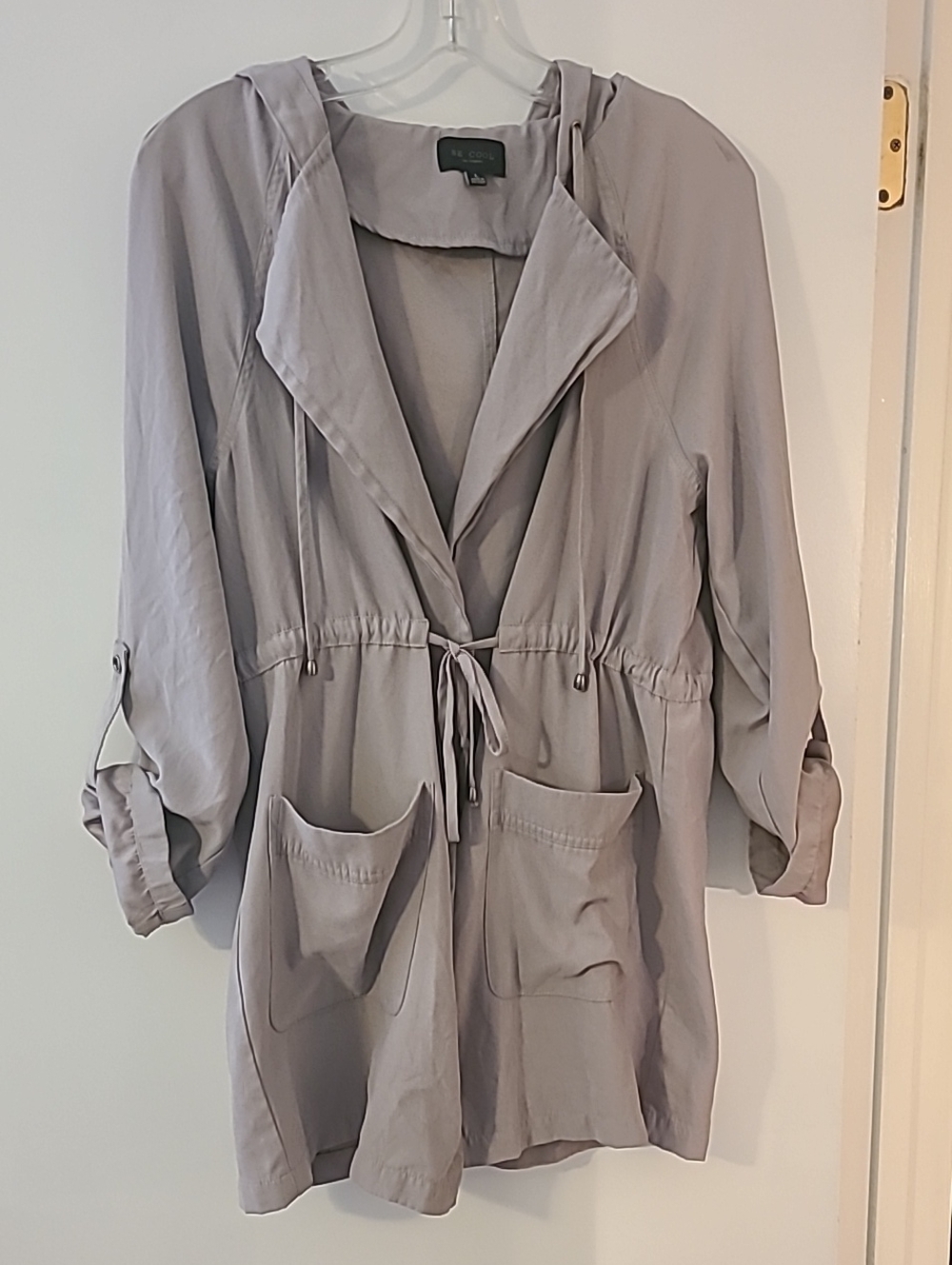 Be Cool Hoodie Utility Jacket Light Grey SoftLightweight Roll Tab Cuff Tie Waist